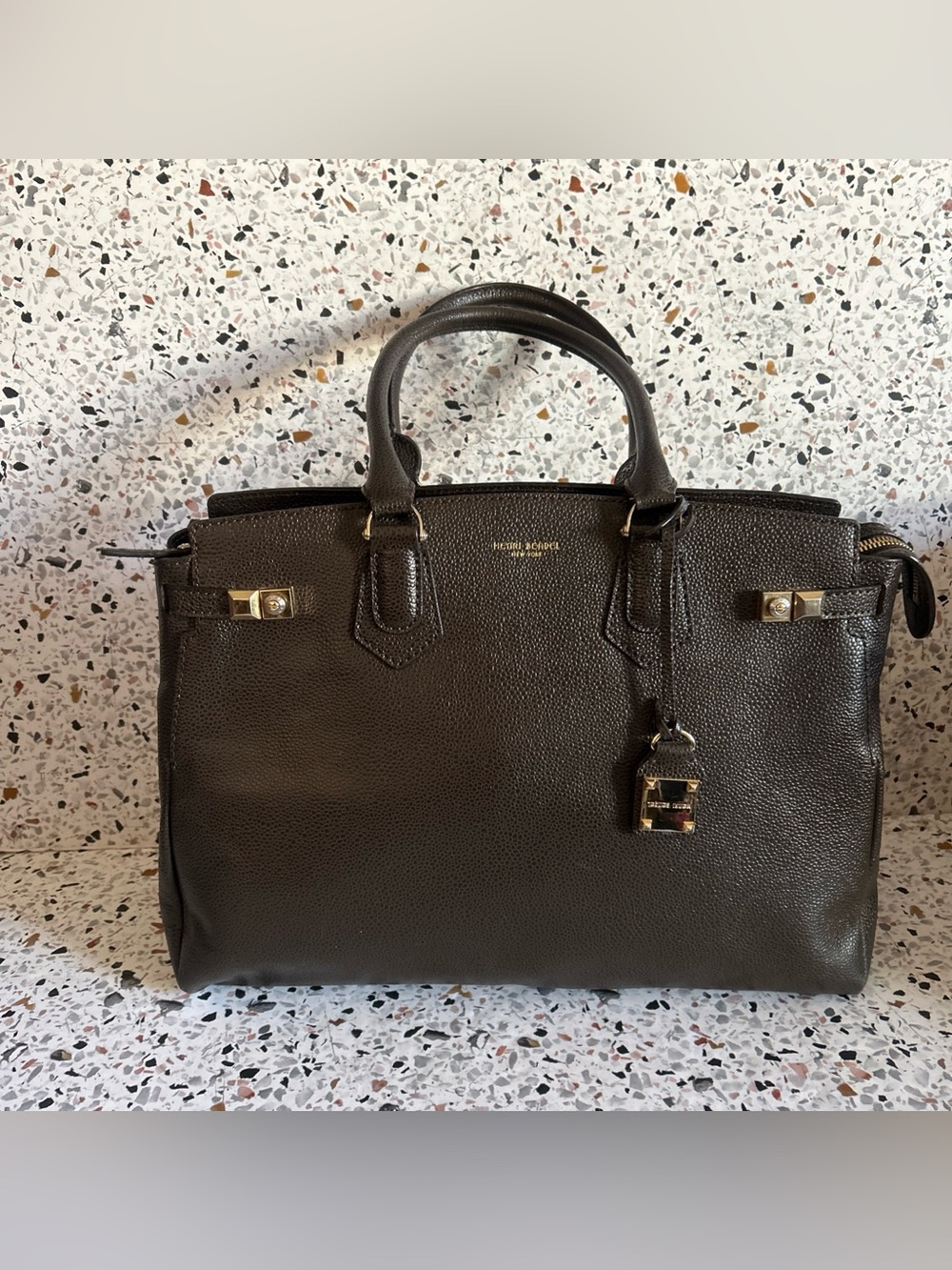 Henri Bendel Carlyle Satchel Pebbled leather gold tone hardware Dark Brown